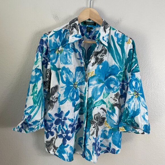 Lauren Ralph Lauren Womens Large Petite 100% Linen Floral Button Up Shirt Blouse - Picture 6 of 9